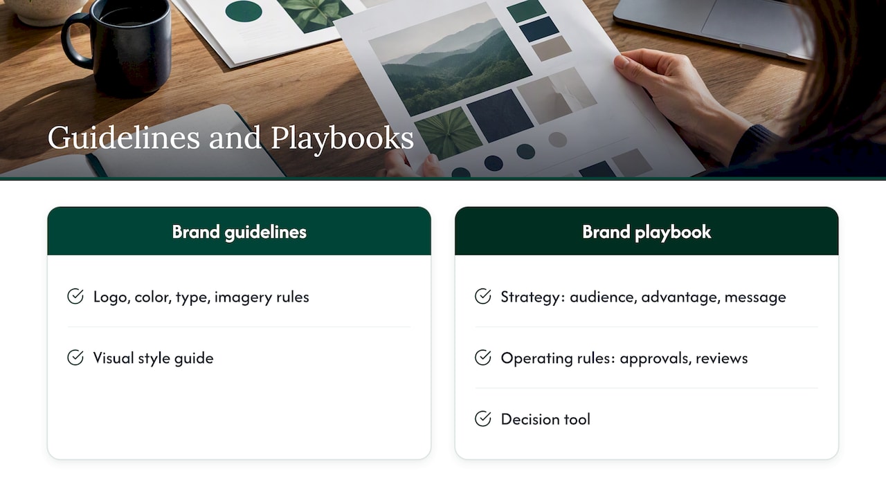What a brand playbook is, and what it is not — overview diagram