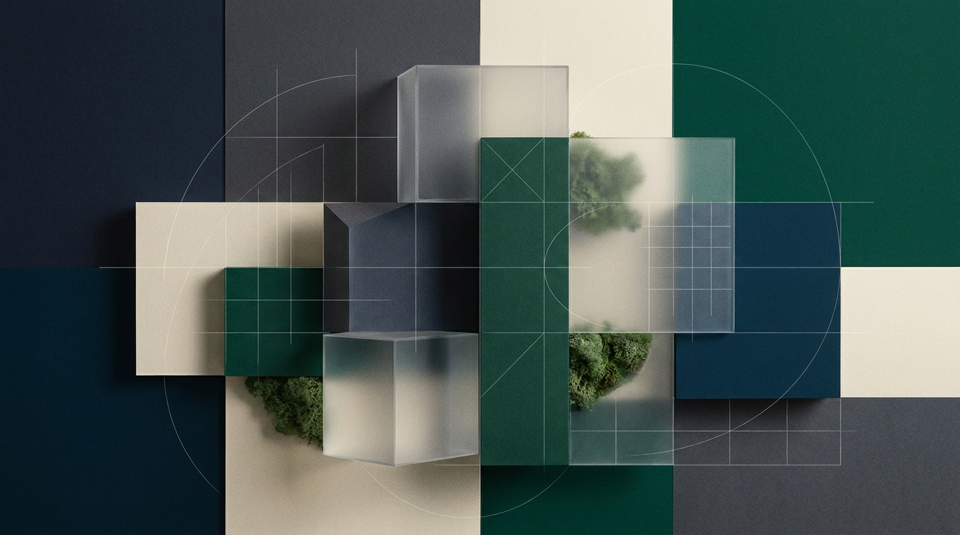 Abstract geometric portfolio changing from overlapping brand shapes into a clear unified structure.