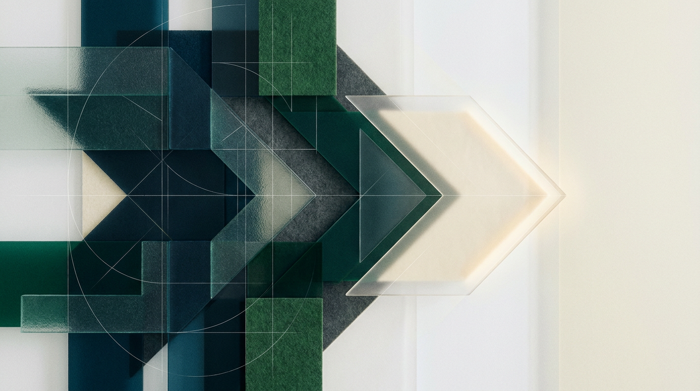 Abstract geometric blocks converging into a clear outward-pointing form.