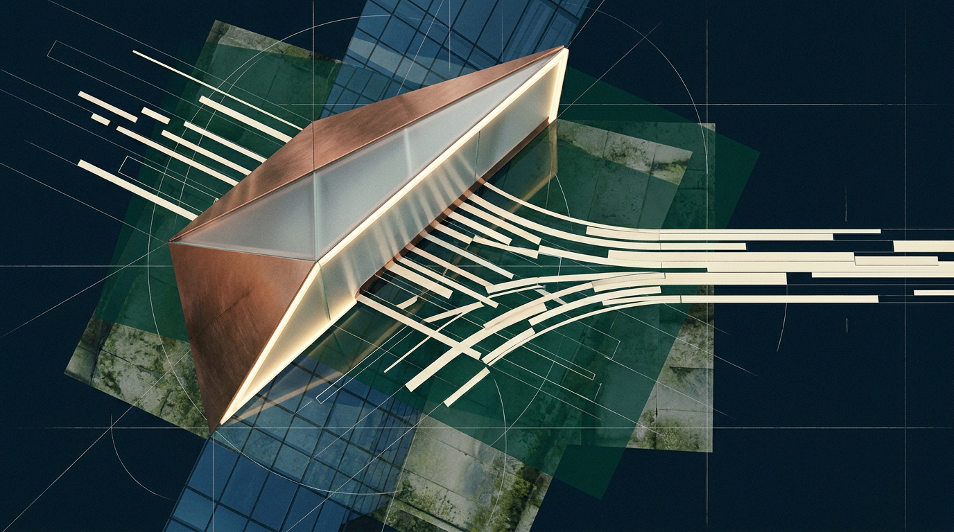 Abstract geometric pathways converging around a decisive central form.