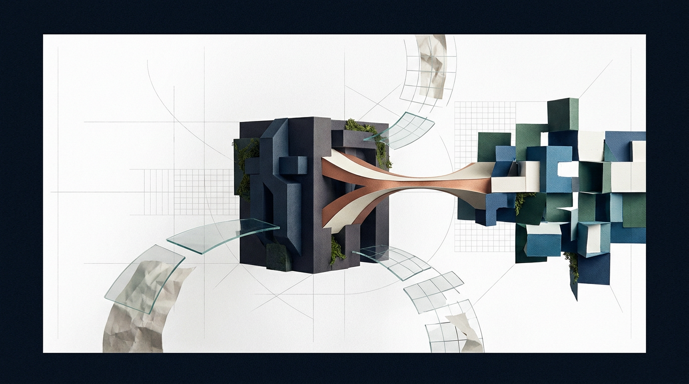 Abstract geometric brand core connected to a new territory by one coherent bridge.