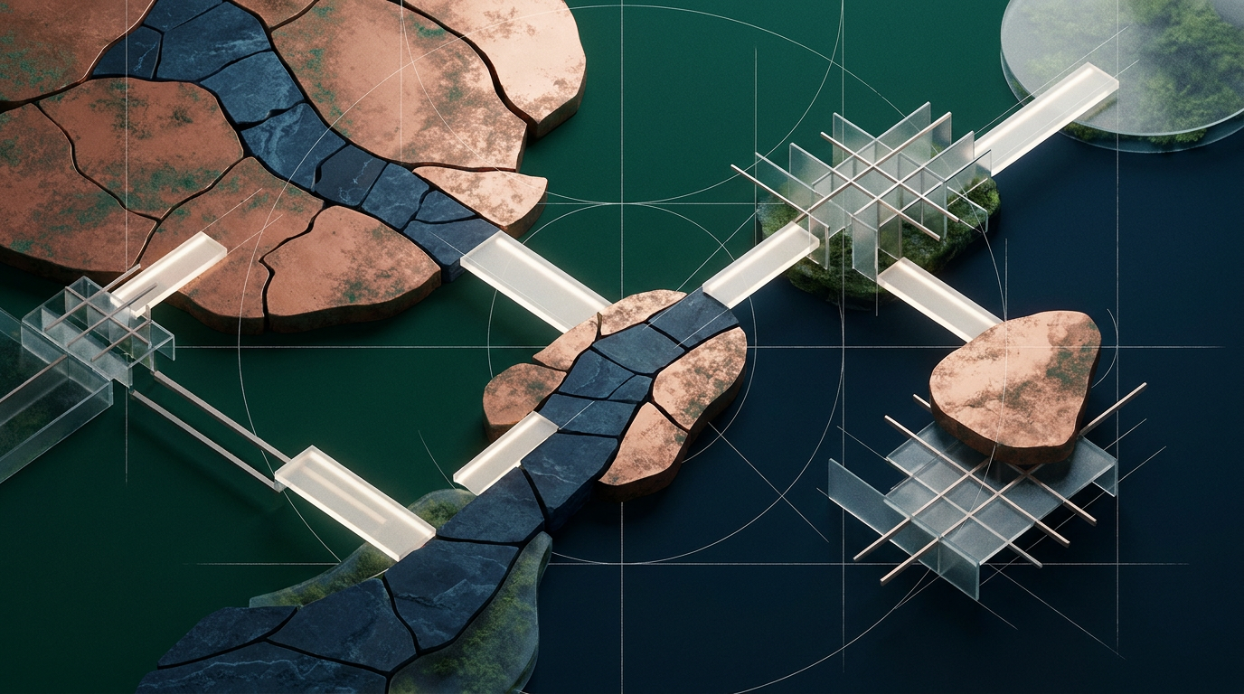 Abstract geometric pathway repaired by structured bridges, representing deliberate customer experience recovery.