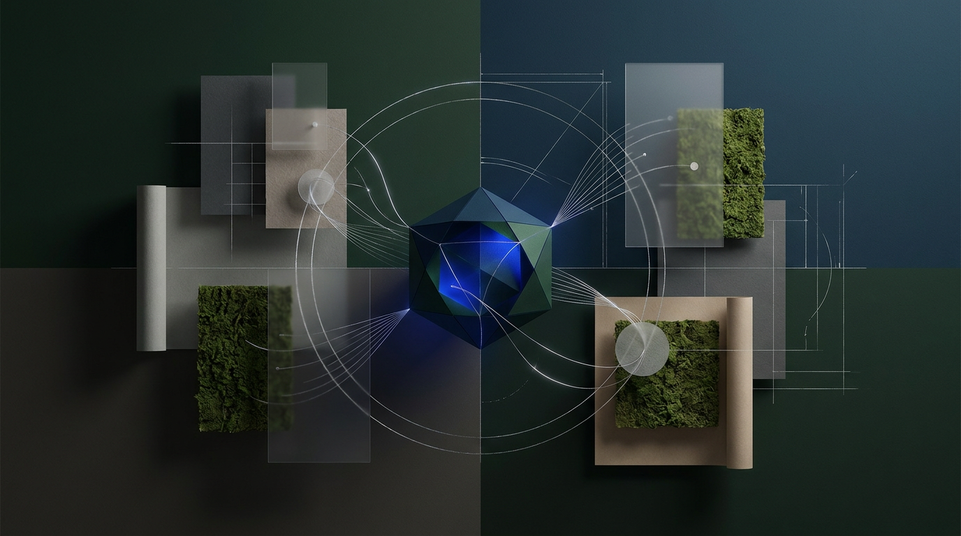Abstract network of evidence fragments converging around a clear central brand signal.
