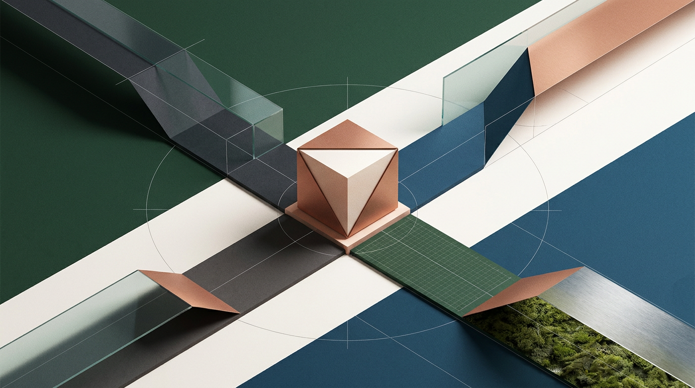 Abstract geometric pathways converging around a single central form.