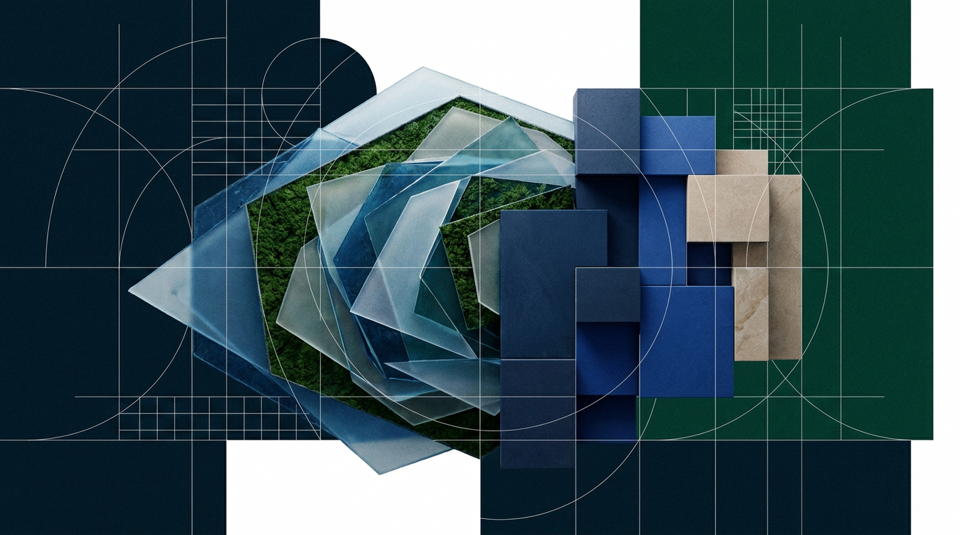 Abstract geometric forms progressing from fragmented concepts into a coherent structured system.