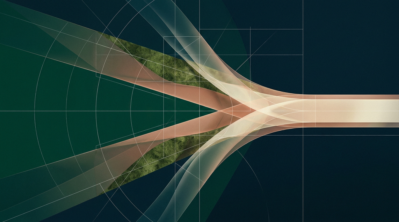 Abstract geometric forms converging into a single pathway, representing customer migration during brand integration.
