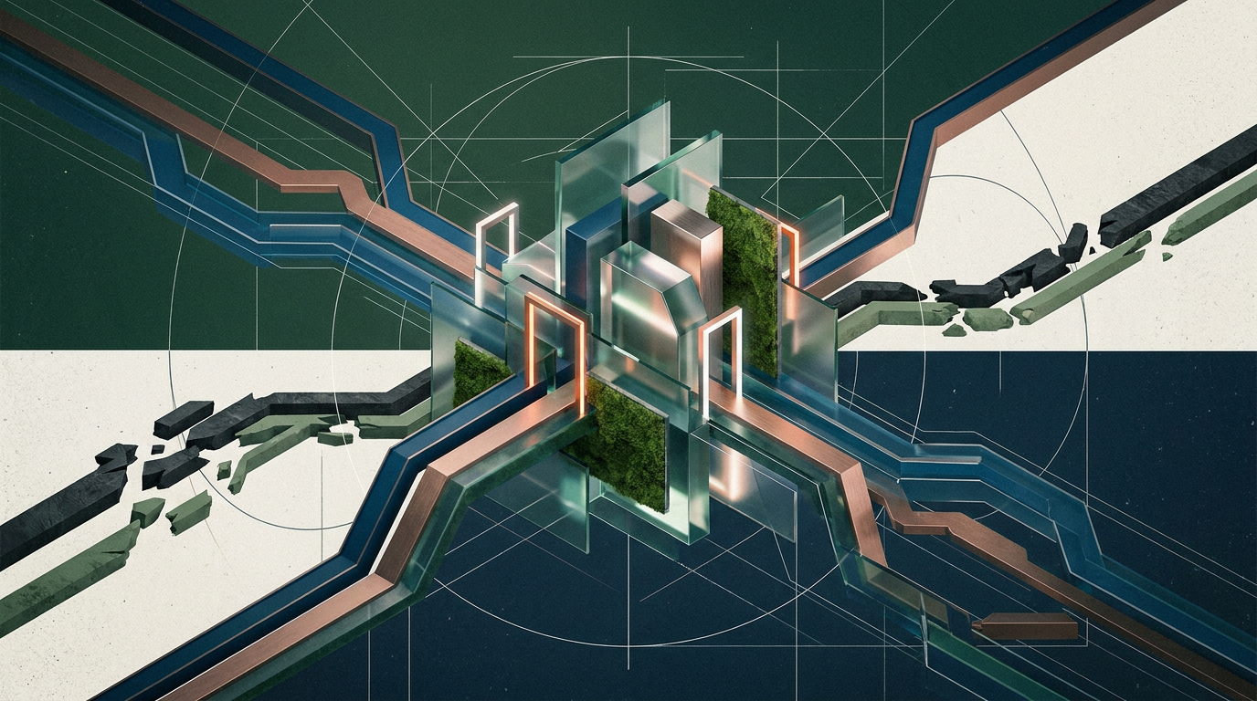Abstract revenue streams converging through selective gates into a focused geometric structure.
