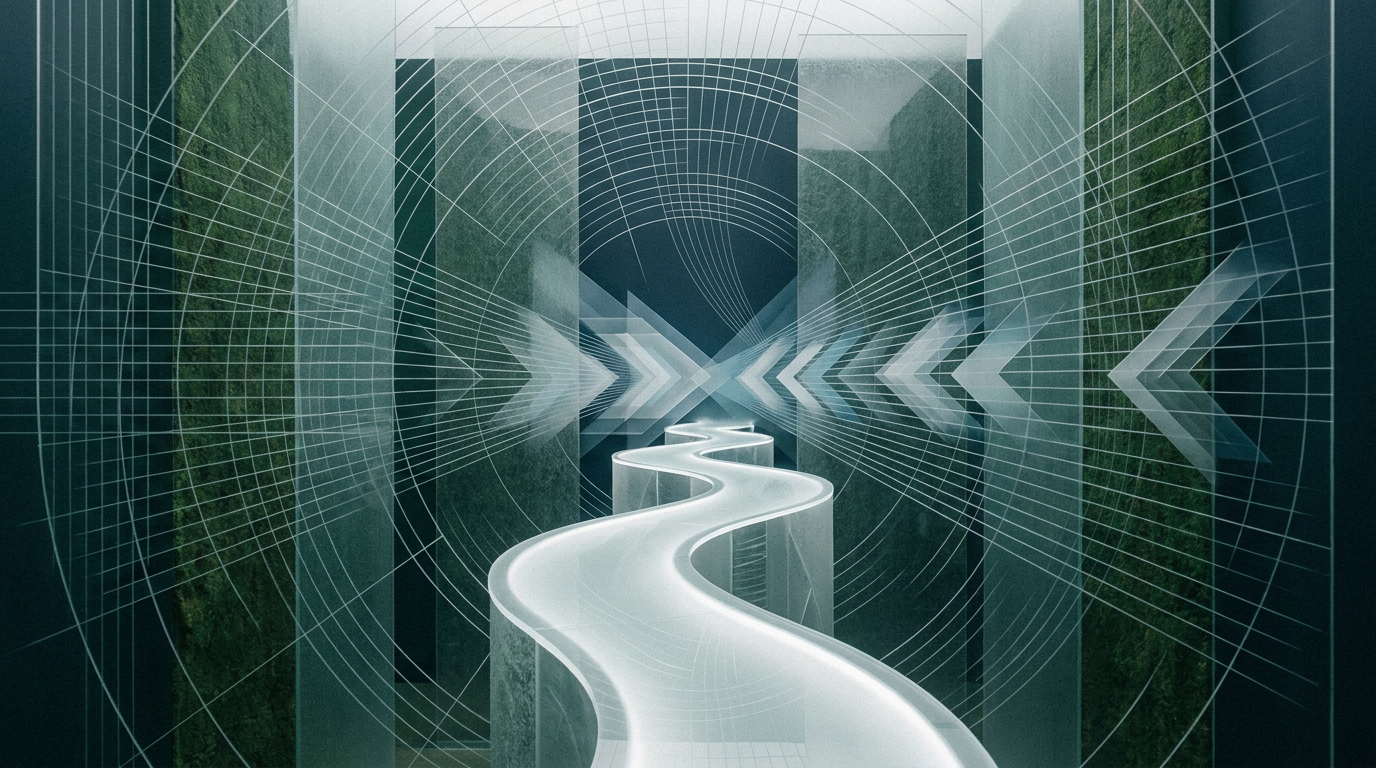 Abstract directional lines converging into a clear path through a layered corporate landscape.