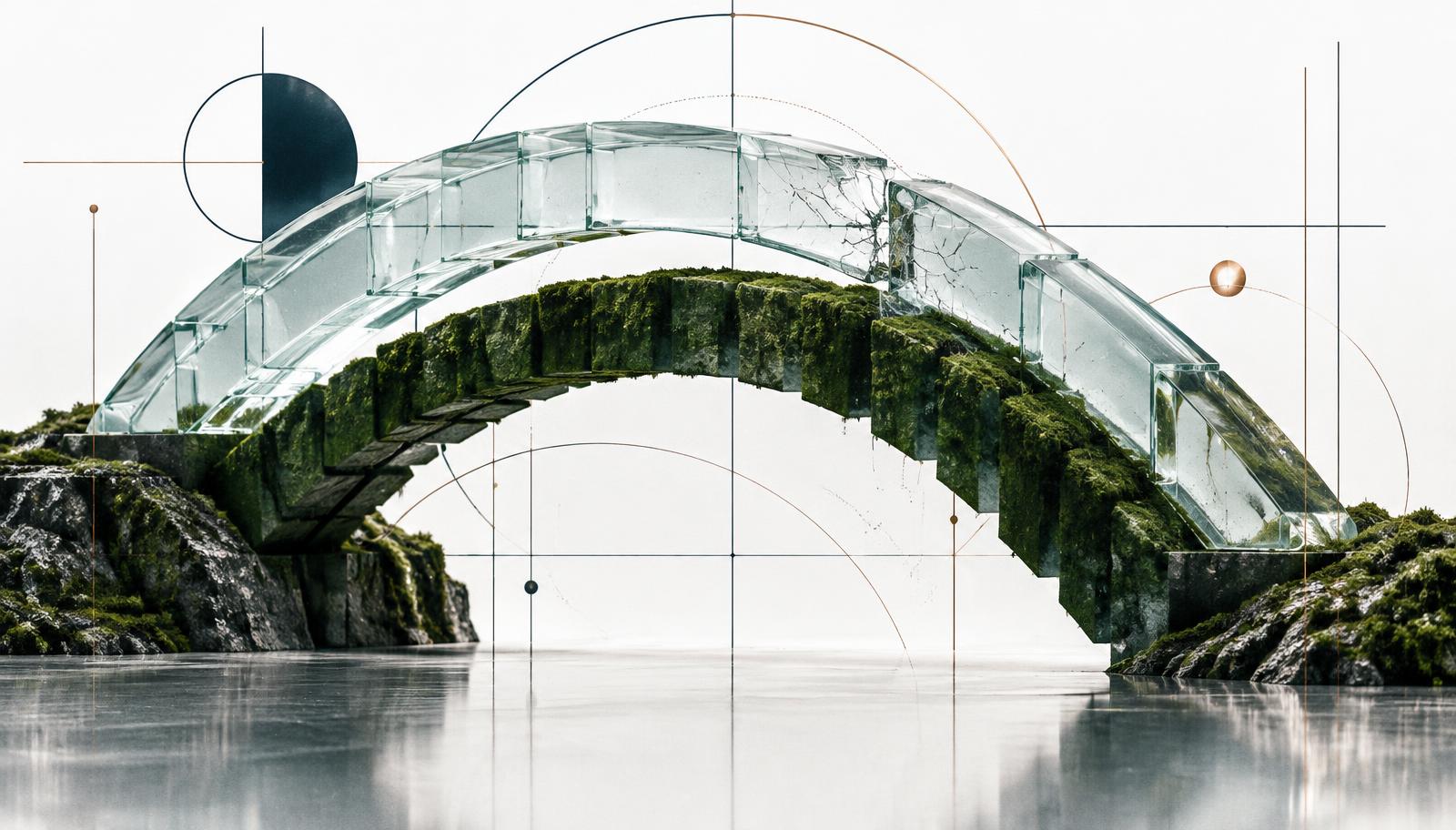 Abstract glass arch with a cracked segment supported by a moss-covered second arch