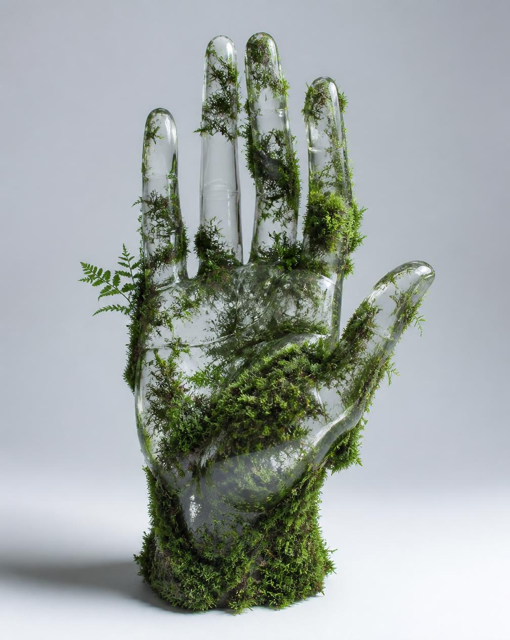 Sculpture of a glass hand overgrown with moss